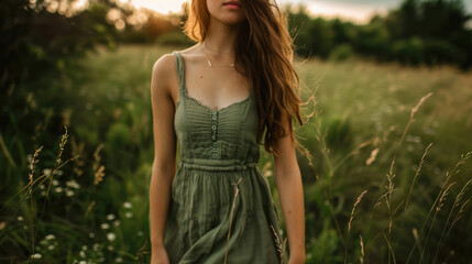 Woman in a green linen sundress among the fields on a sunny day