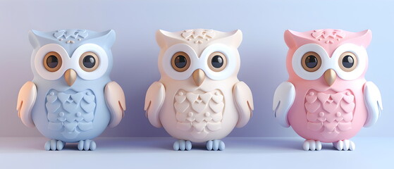 Fototapeta premium 3D clay, Adorable clay owl bird ,muted pastels, Blender 3d, Easter bunny with colorful eggs and cute , kawaii pets model, dolls decorations