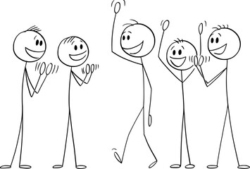 Crowd or team applauds or celebrates a person, vector cartoon stick figure or character illustration.