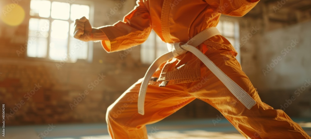 Poster dynamic karate uniform in kata performance at summer olympics, showcasing form and technique