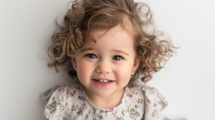 Naklejka premium Portrait of a smiling cute little girl with curly blonde hair on a gray background.