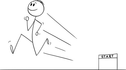 Person on track running from start, vector cartoon stick figure or character illustration.