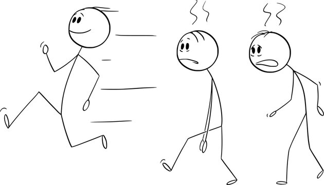 Person running on track wins against competitors, vector cartoon stick figure or character illustration.