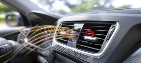 Car dashboard infographic  airflow visualization, temperature control,   vent options displayed