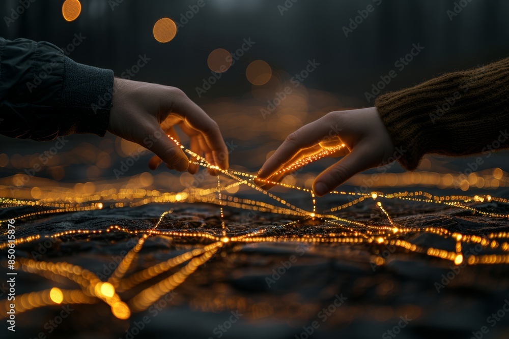 Poster interconnection human and robotic hands reach across glowing data streams in digital network