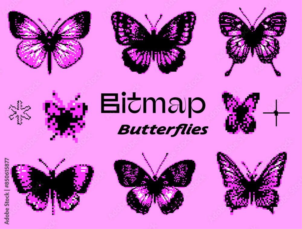 Poster a set of 8-bit pixel-art style stickers with an illustration of butterflies on a pink background. co