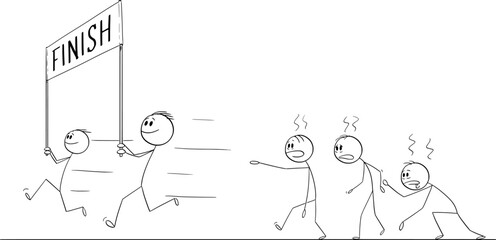 Competitors are trying to get to the finish line, vector cartoon stick figure or character illustration.