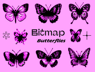 A set of 8-bit pixel-art style stickers with an illustration of butterflies on a pink background. Collection of fancy y2k retro elements for design.