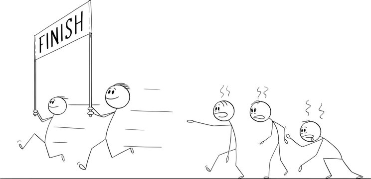 Competitors are trying to get to the finish line, vector cartoon stick figure or character illustration.
