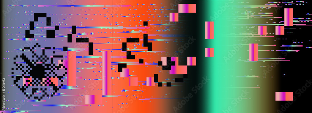 Poster Lo-fi glitched vector background with pixel rainbow ambient flickers.