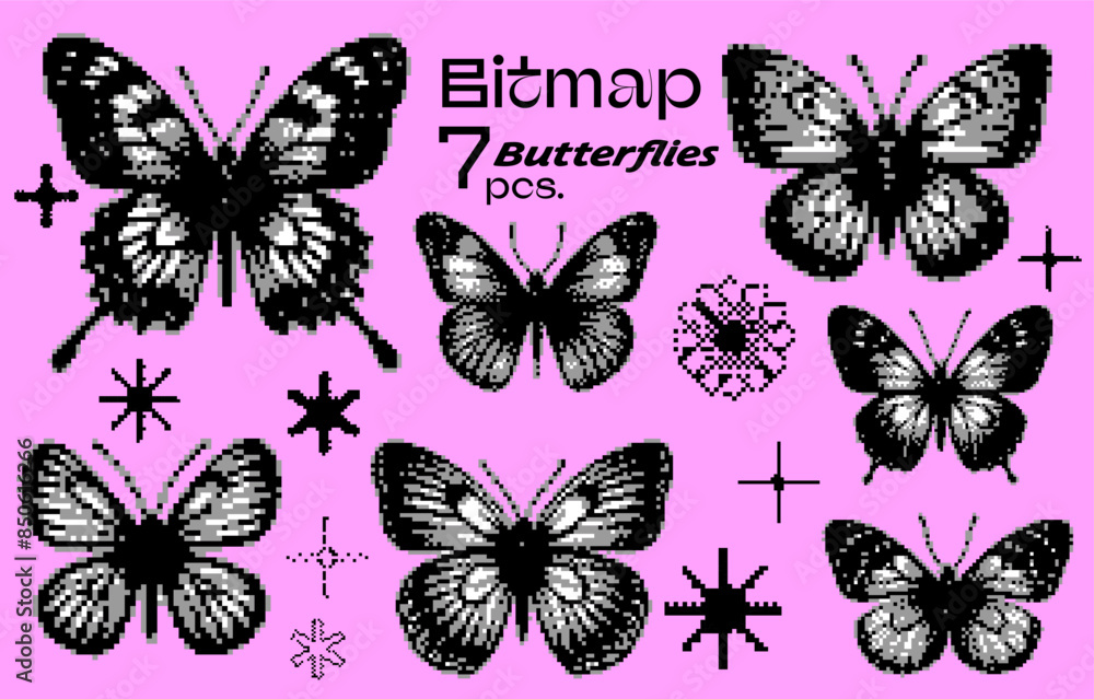 Aufkleber A set of 8-bit pixel-art style stickers with an illustration of butterflies on a pink background. Collection of fancy y2k retro elements for design.