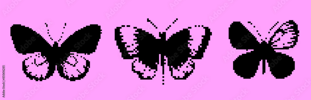 Aufkleber A set of 8-bit pixel-art style stickers with an illustration of butterflies on a pink background. Collection of fancy y2k retro elements for design.