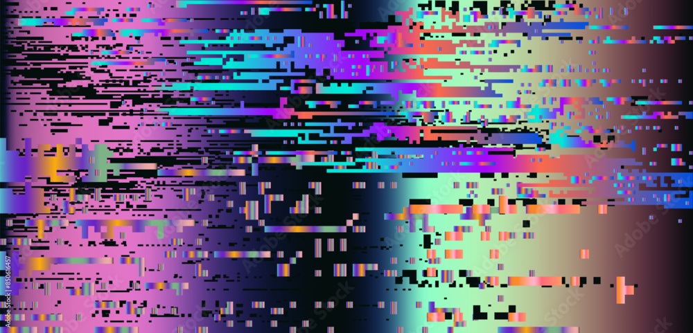 Poster Lo-fi glitched vector background with pixel rainbow ambient flickers.