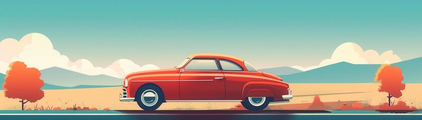 Fototapeta premium vintage car on road flat design side view timeless journey animation Splitcomplementary color scheme