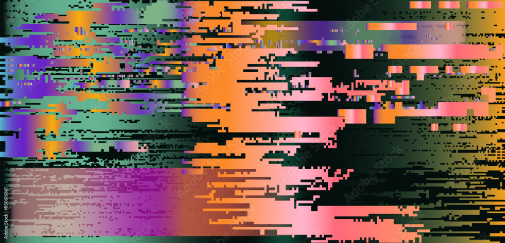 Poster lo-fi glitched vector background with pixel rainbow ambient flickers.