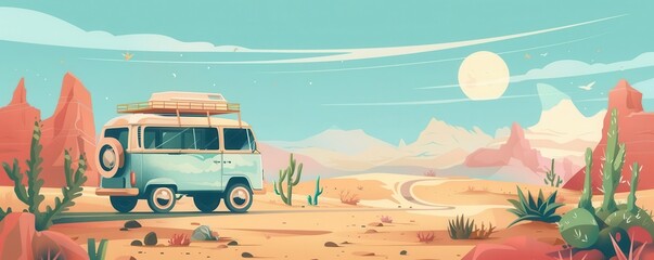 vintage road trip flat design side view desert adventure cartoon drawing colored pastel