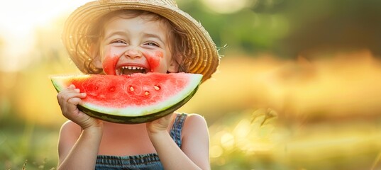Delighted child in straw hat relishing watermelon outdoors on a sunny summer day