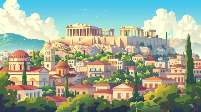 A flat illustration of the ancient city of Athens with its key landmarks such as the Parthenon, Acropolis and some buildings