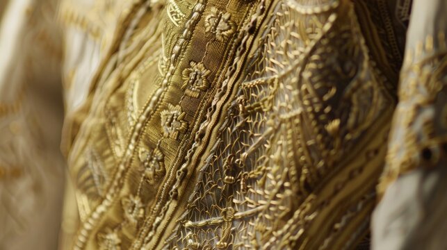 Detailed view of Senegalese kaftan with intricate gold embroidery, focusing on craftsmanship and design.