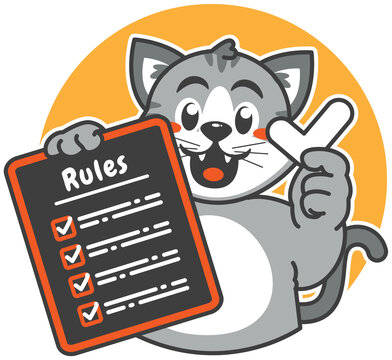 A Cartoon Cat Carrying A Rules Board And A Checkmark