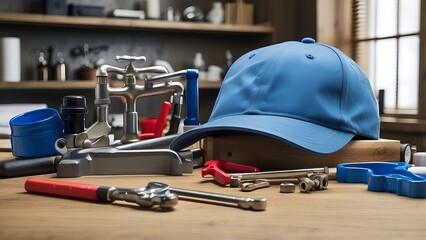 A model house, a pipe wrench, a faucet, and a blue hat are arranged next to a desk that displays plumbing supplies and equipment, signifying a plumbing shop and its technical support services.