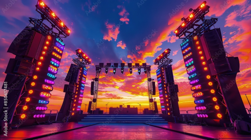 Poster a meticulously designed festival stage, where each led light and sound speaker is strategically plac