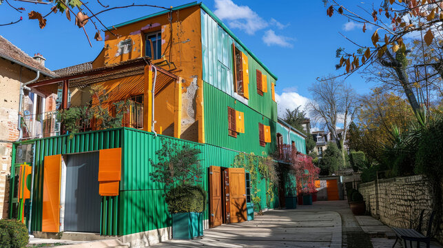 In Ronchamp, France, there's a colorful building with a metal facade painted in green and orange.