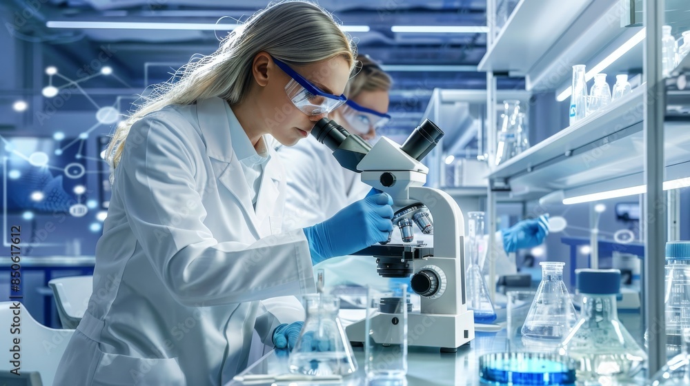 Poster focused scientist in lab coat utilizing microscope for precision research in high tech laboratory