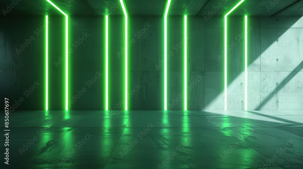 Poster a minimalist concrete room illuminated by bright neon green vertical lights, casting sharp shadows a