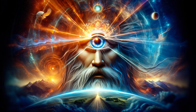 Visionary Mythological Figure with Open Third Eye Emitting Cosmic Rays