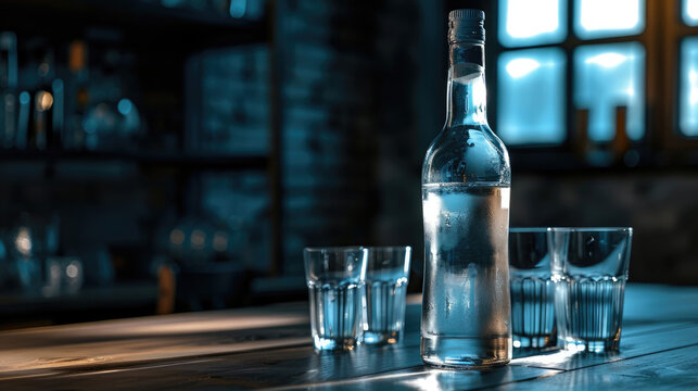 Bottle of vodka and glasses on a wooden table