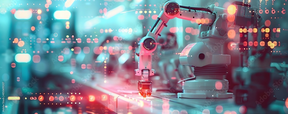 Poster blurred robotic laboratory with futuristic technology and circuits
