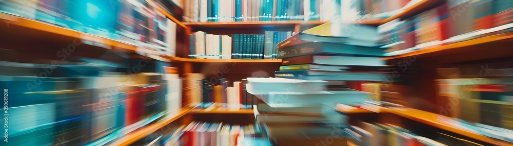 Poster blurred abstract interior of language learning space with dynamic shelves and books
