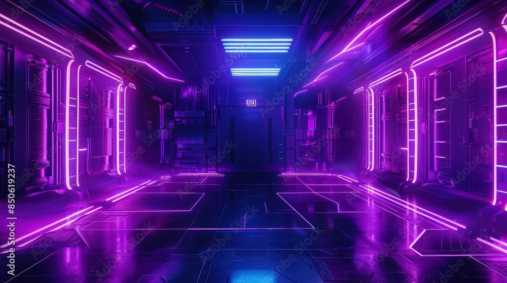 Poster a mysterious sci-fi room with deep purple neon lights underlining key architectural features, adding