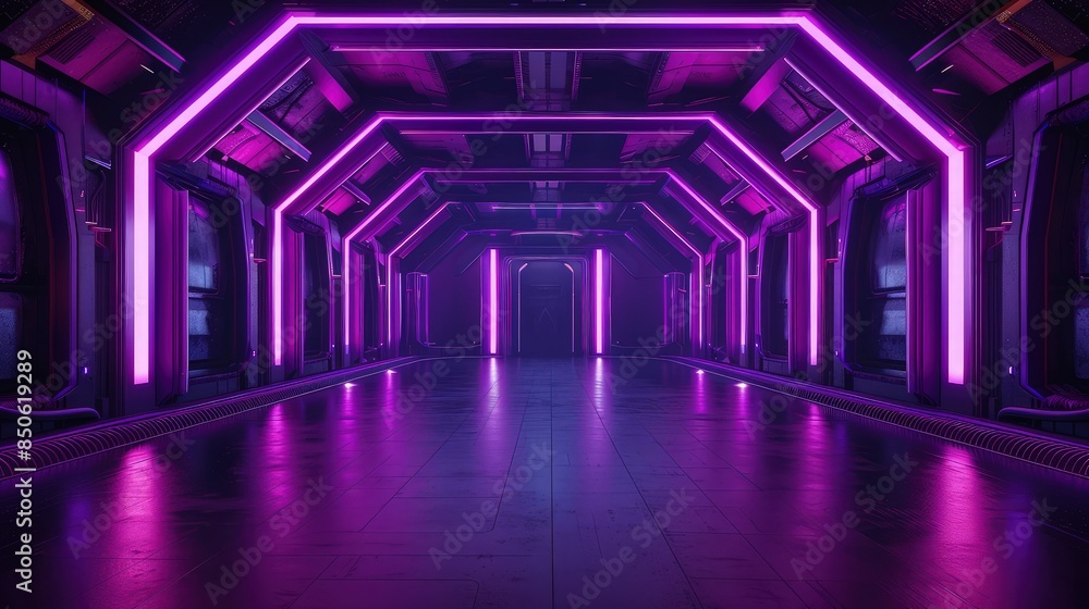 Poster a mysterious sci-fi room with deep purple neon lights underlining key architectural features, adding