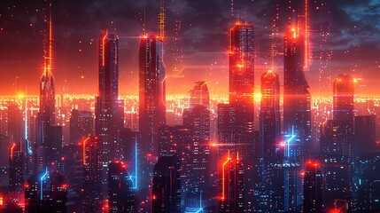 Fototapeta premium Futuristic cityscape with glowing neon light effects depicting advanced technology and communication networks