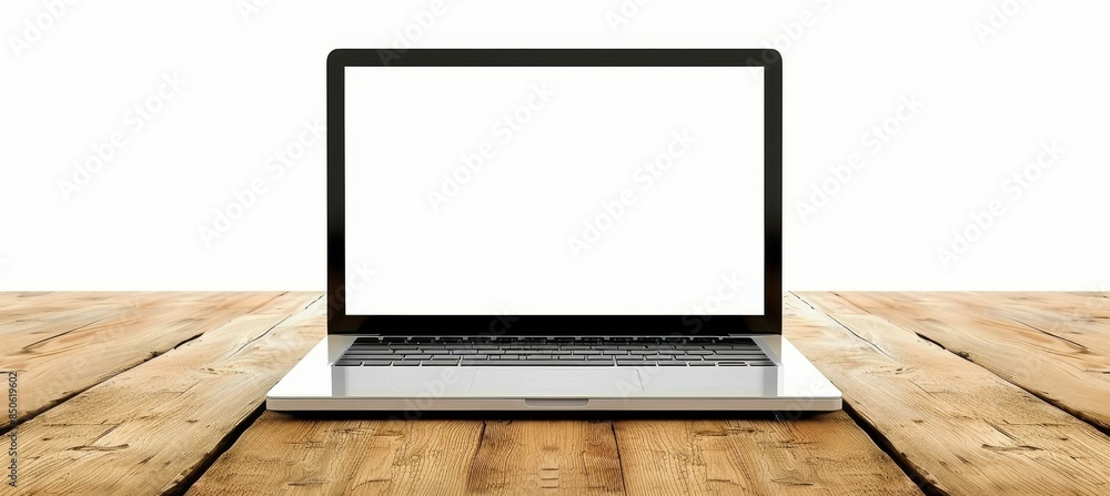 Poster minimalist laptop setup on wooden table with blank wall, displaying clean desktop and open document