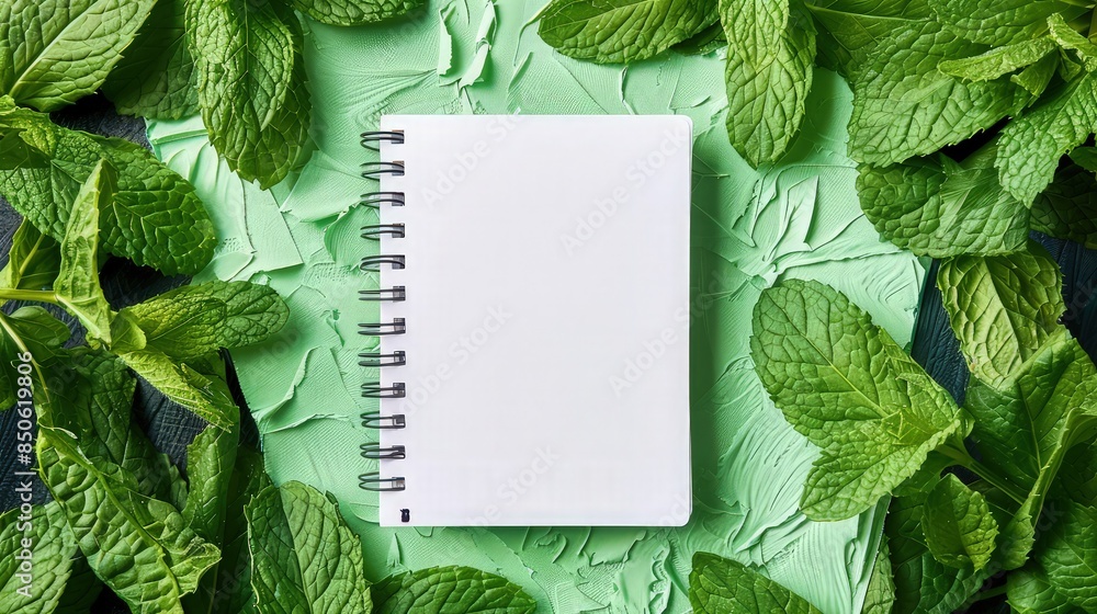 Poster a notebook mockup surrounded by fresh mint leaves on a matching green textured paper, creating a ref