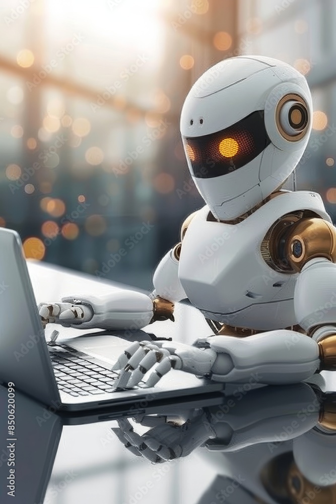 Poster happy customer service robot using computer in office with blurred background for text