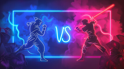 Neon-style VS screen design. Two fighters announcement. Blue VS leaves. Competition or martial battle. Vector illustration.