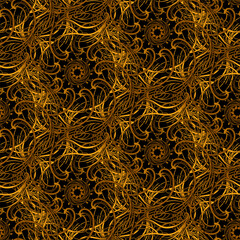 Chic, sophisticated, ornate circular repeating golden seamless pattern with art deco and art nouveau elements on a black background