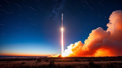 Obraz premium A majestic rocket ascending into the sky, leaving a trail of fiery exhaust behind.