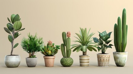 Fototapeta premium Houseplants cactus plants in pots isolated backgrounds 3d render