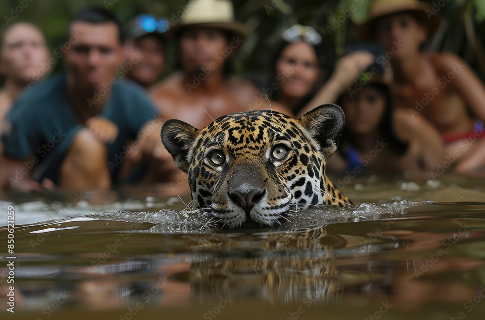 Poster A jaguar swimming in the Amazon river, with tourists watching from shore.