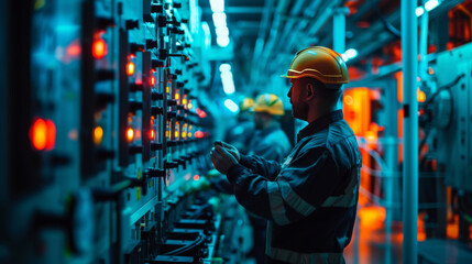 Fototapeta premium Industrial workers in a high-tech control room, operating machinery and monitoring systems, highlighting modern industry and technology.