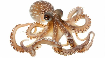 Obraz premium Elegantly floating octopus with tentacles extended on a white backdrop, highlighting detailed patterns and vivid hues. Stunning close-up photo of a fascinating sea creature