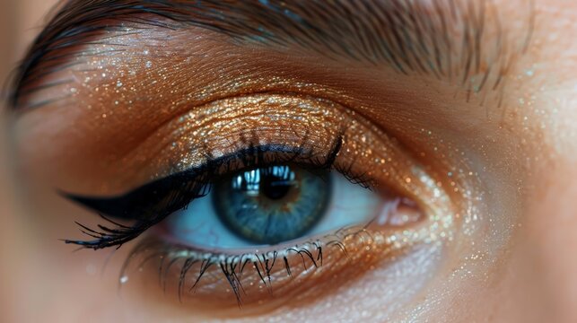 Close-up on a dramatic eye makeup transformation, before and after shots with detailed texture and color.