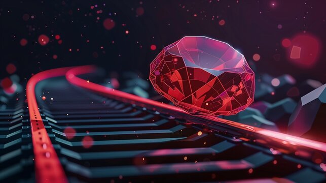 Ruby stone placed on a rail track, symbolizing the Ruby on Rails programming language. This concept image visually represents the powerful and efficient framework used in web development.