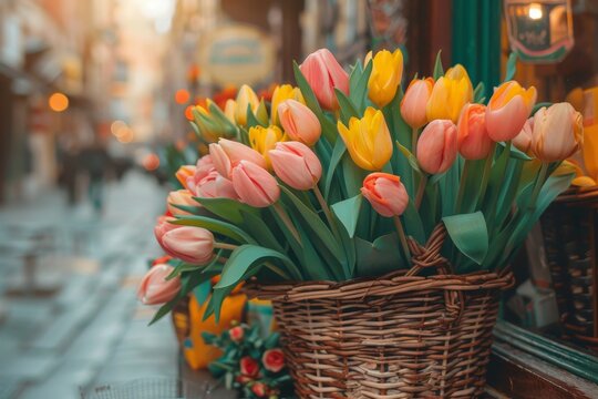 City flower market with blurred background, perfect for text placement and adding captions - Powered by Adobe