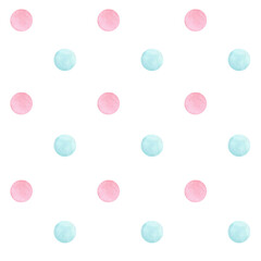 Watercolor hand drawn seamless pattern with pink and blue polka dots